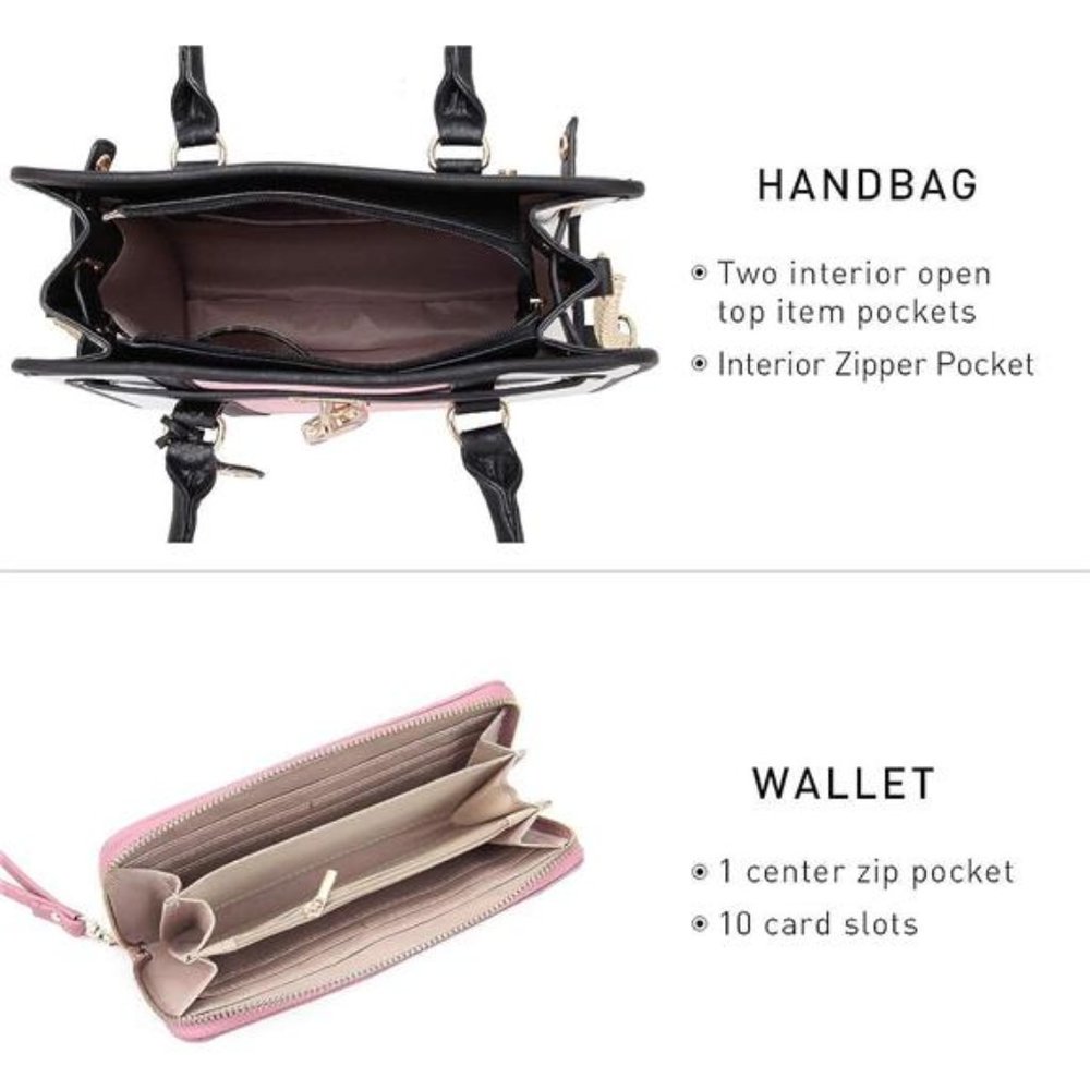 Women 2 Sets - Handbags and Wallet Set - Pink White Black Color - Picture 7 of 10